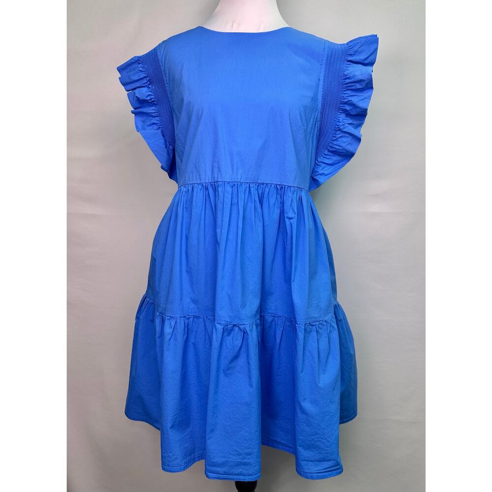 English Factory Blue Ruffled Sleeve Babydoll Mini Dress With Pockets Size Large - Picture 2 of 13